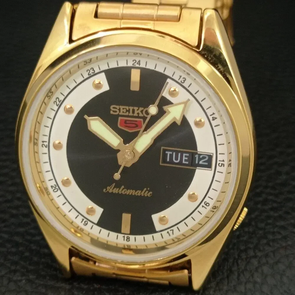 Vintage 1970 Seiko Automatic Mens Gold Watch W/daydate & Black accents